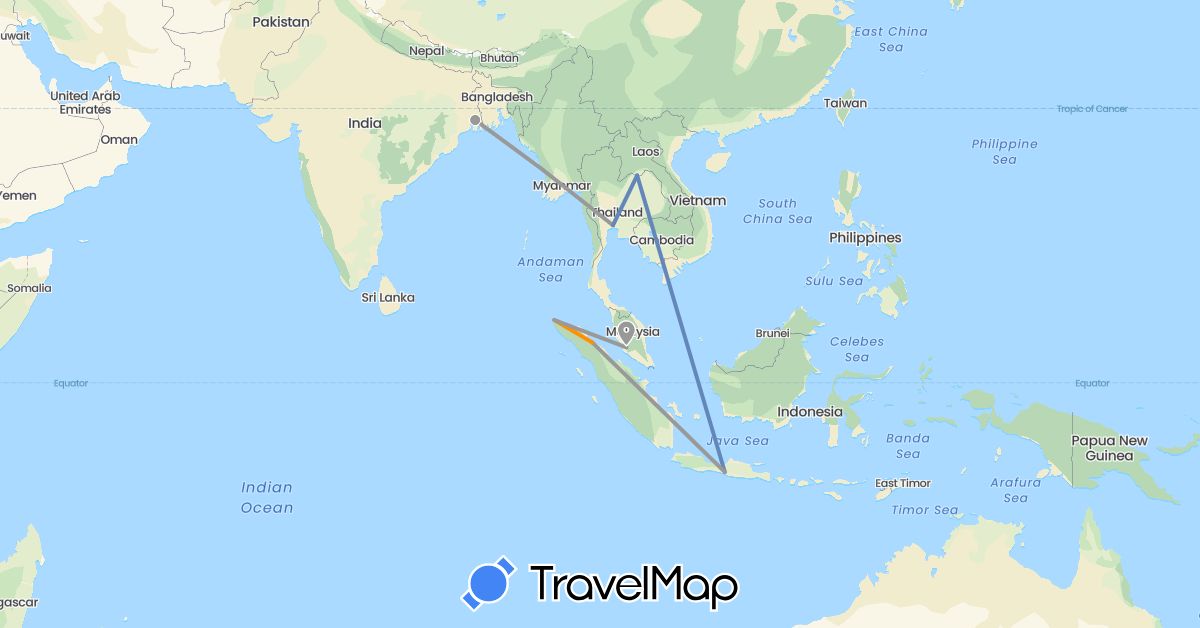 TravelMap itinerary: driving, plane, cycling, hitchhiking in Indonesia, India, Laos, Malaysia, Thailand (Asia)